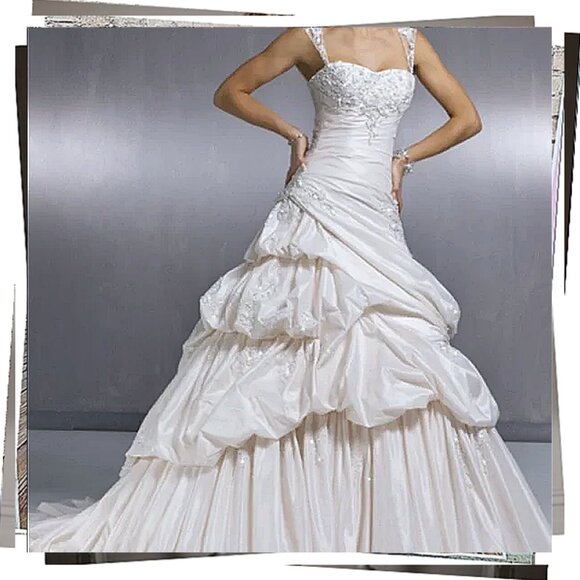 White Satin Wedding Gown w/ Detachable Straps Crystals Beading & Long Train